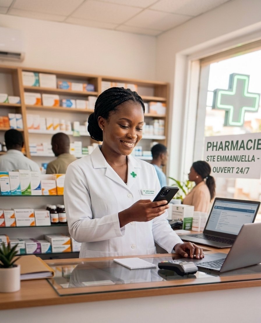 Pharmacienne togolaise utilisant Selah Access sur WhatsApp
